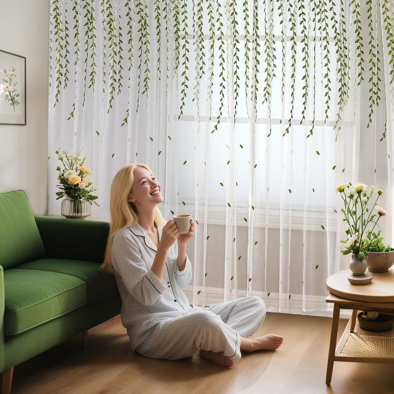 BROSHAN Green Embroidered Sheer Curtains 2 Panel Sets for Bedroom-Elegant White Sheer Curtains 75 inches Long with Leaf Design Rod Pocket Semi Transparent Curtain Drapes for Living Room Windows - Image 3